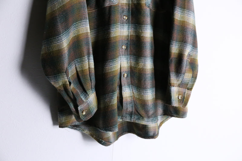 olive check pattern button flannel shirt