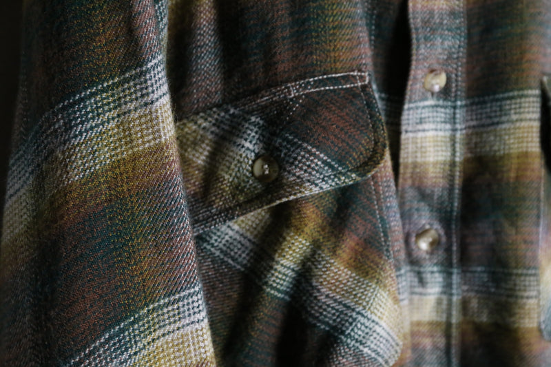 olive check pattern button flannel shirt