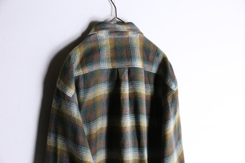 olive check pattern button flannel shirt