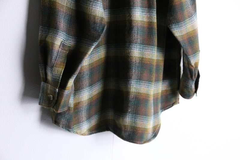 olive check pattern button flannel shirt