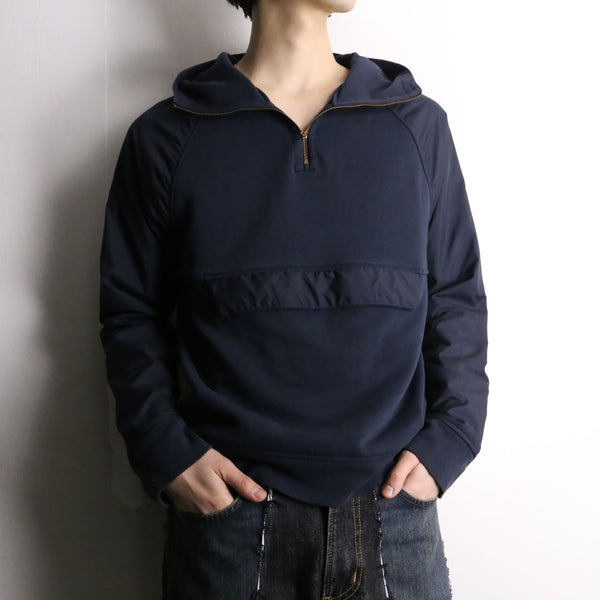 navy color nylon × cotton half zip hoodie