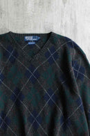 "Polo by Ralph Lauren" lambs wool argyle V-neck knit.
