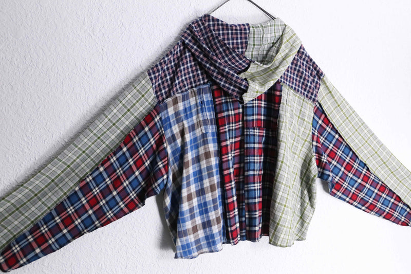 "Re:make" multicolored check short length hoodie
