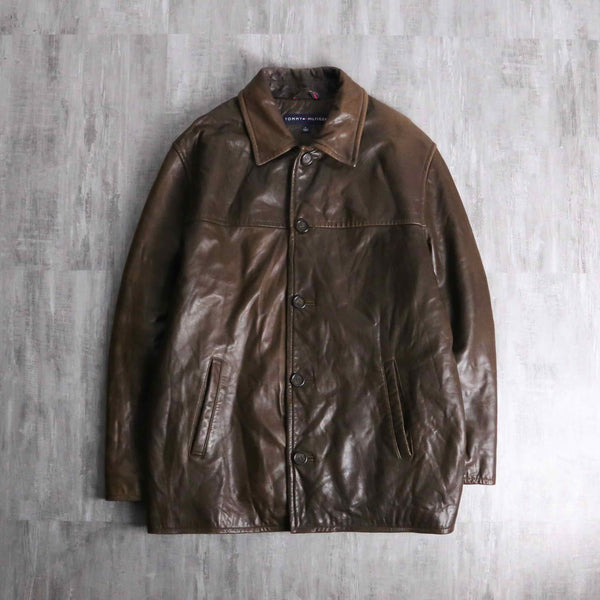 “TOMMY HILFIGER” brown color leather car coat
