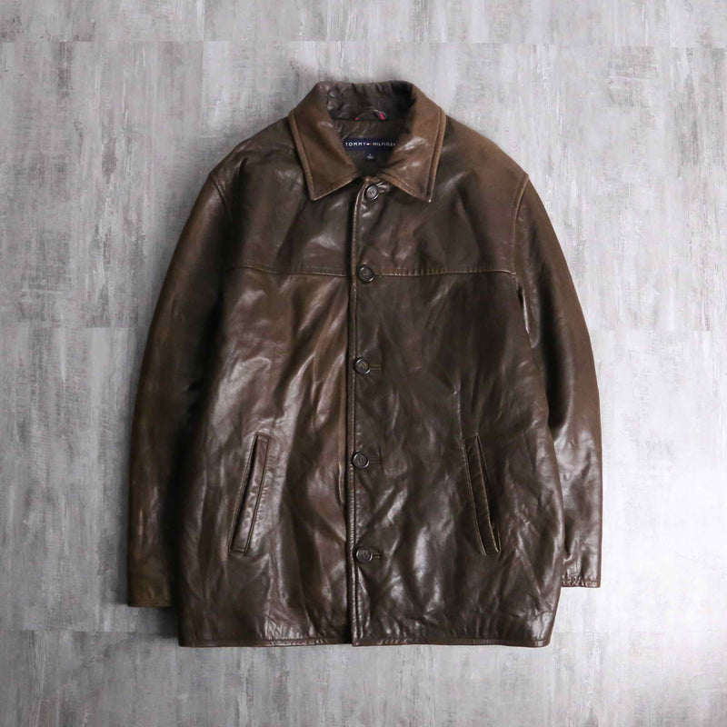 “TOMMY HILFIGER” brown color leather car coat