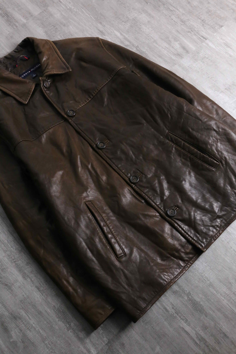 “TOMMY HILFIGER” brown color leather car coat