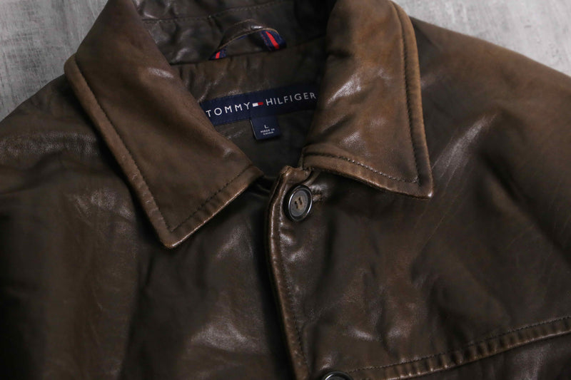 “TOMMY HILFIGER” brown color leather car coat