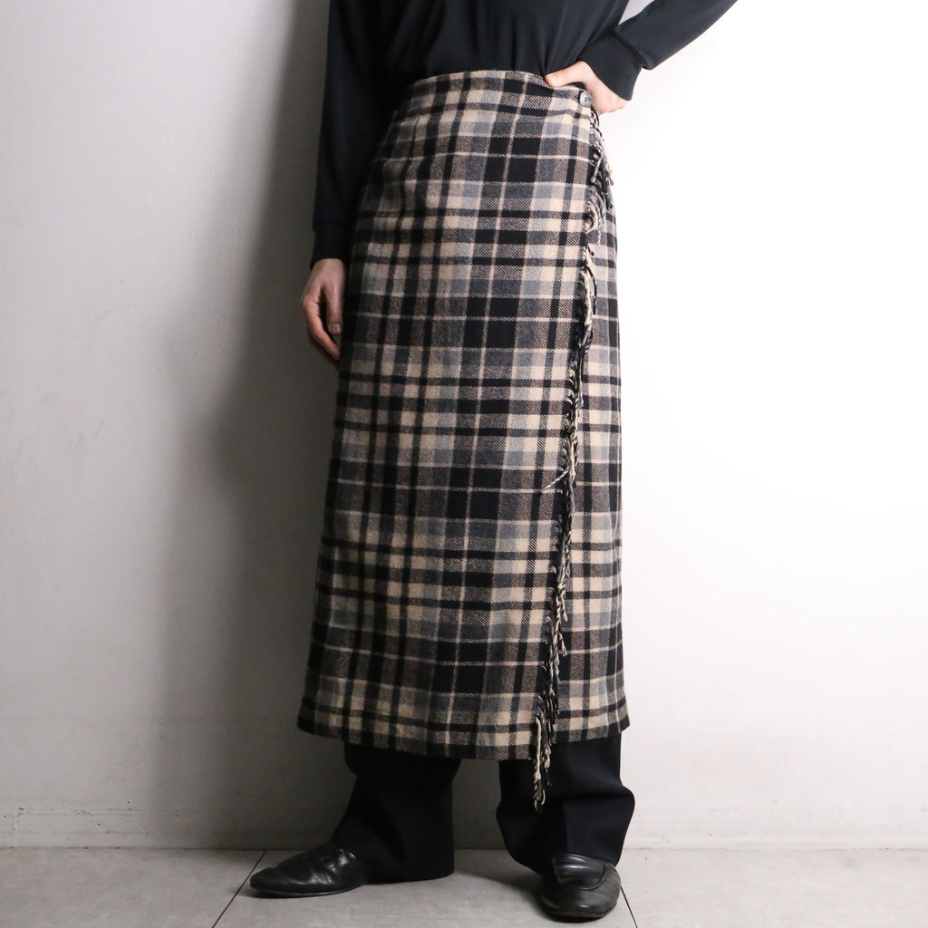 check pattern long wrap skirt