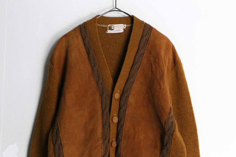 60~70’s brown suede × wool switch design cardigan