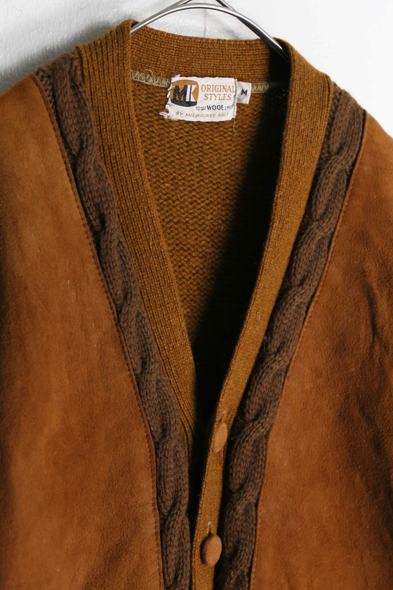 60~70’s brown suede × wool switch design cardigan