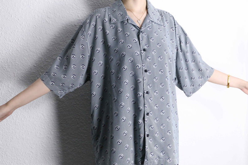 "BACHRACH" stripe atomic pattern S/S open collar shirt