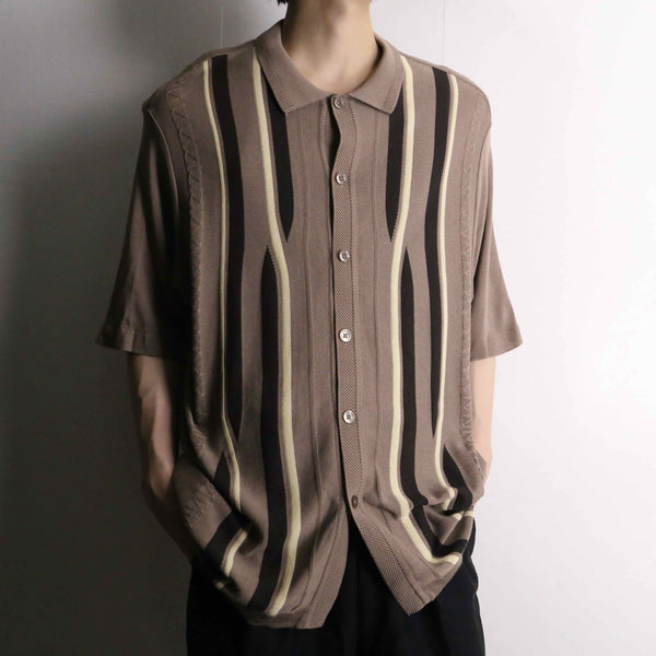 brown color stripe design S/S knit shirt