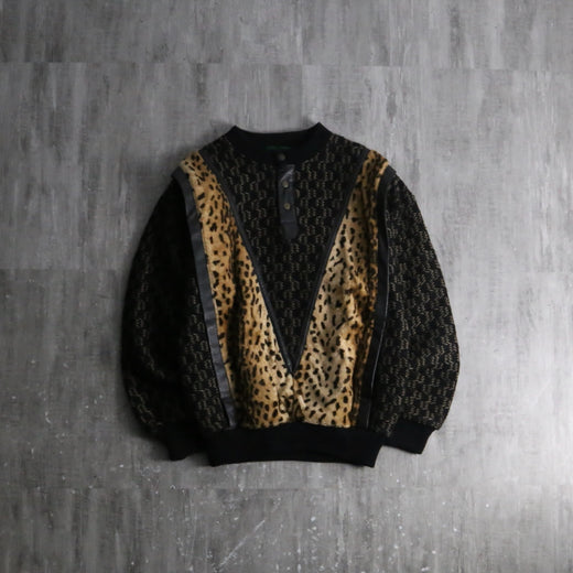 1980s vintage leather piping henry neck exotic knit