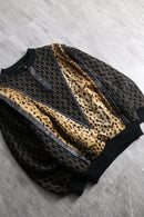 1980s vintage leather piping henry neck exotic knit