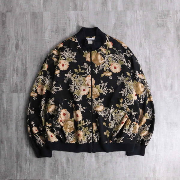 black botanical pattern zip blouson