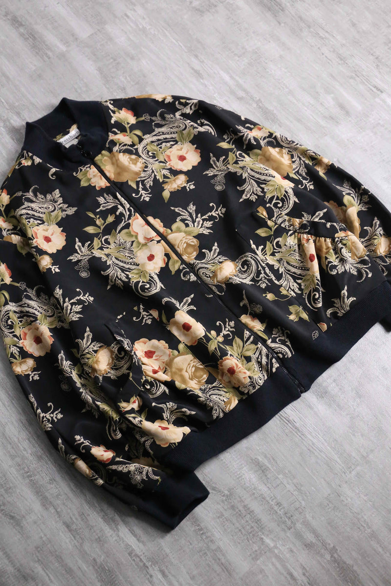 black botanical pattern zip blouson