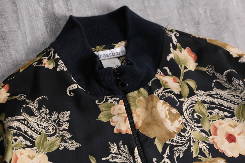 black botanical pattern zip blouson