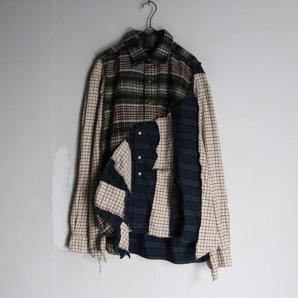 "Re:make" asymmetry patchwork green × red check shirt pullover