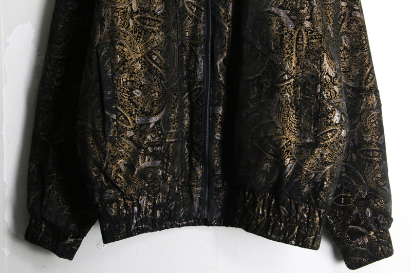 black gold paisley pattern bomber leather jacket