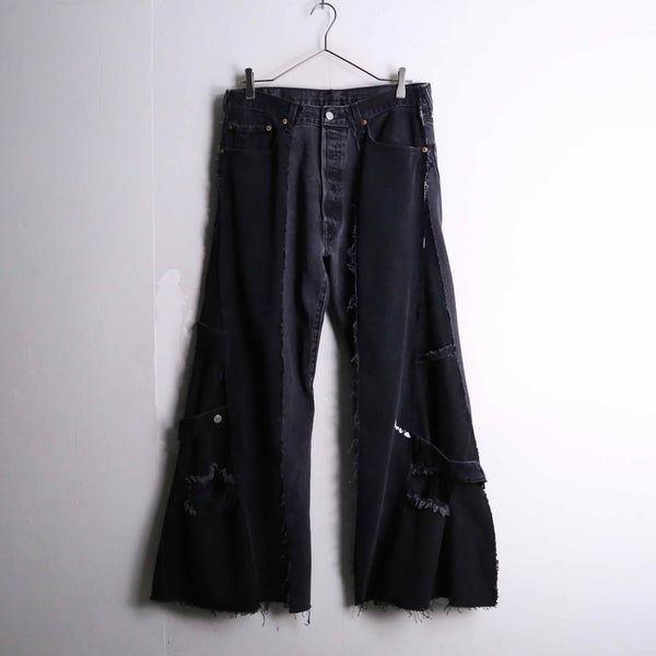 "Re:make" clash design 3docking black flare denim pants