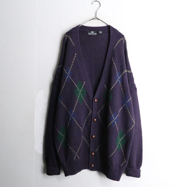 purple argyle check loose silhouette knit cardigan