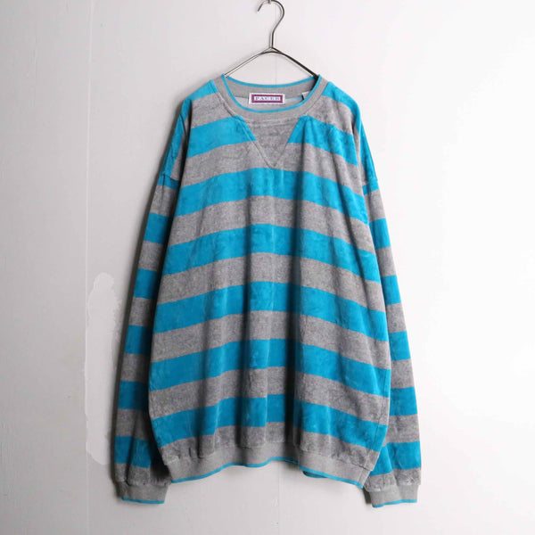 grey × light blue horizontal stripe pattern velours pullover