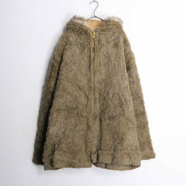 brown fake fur hooded zip-up jacket