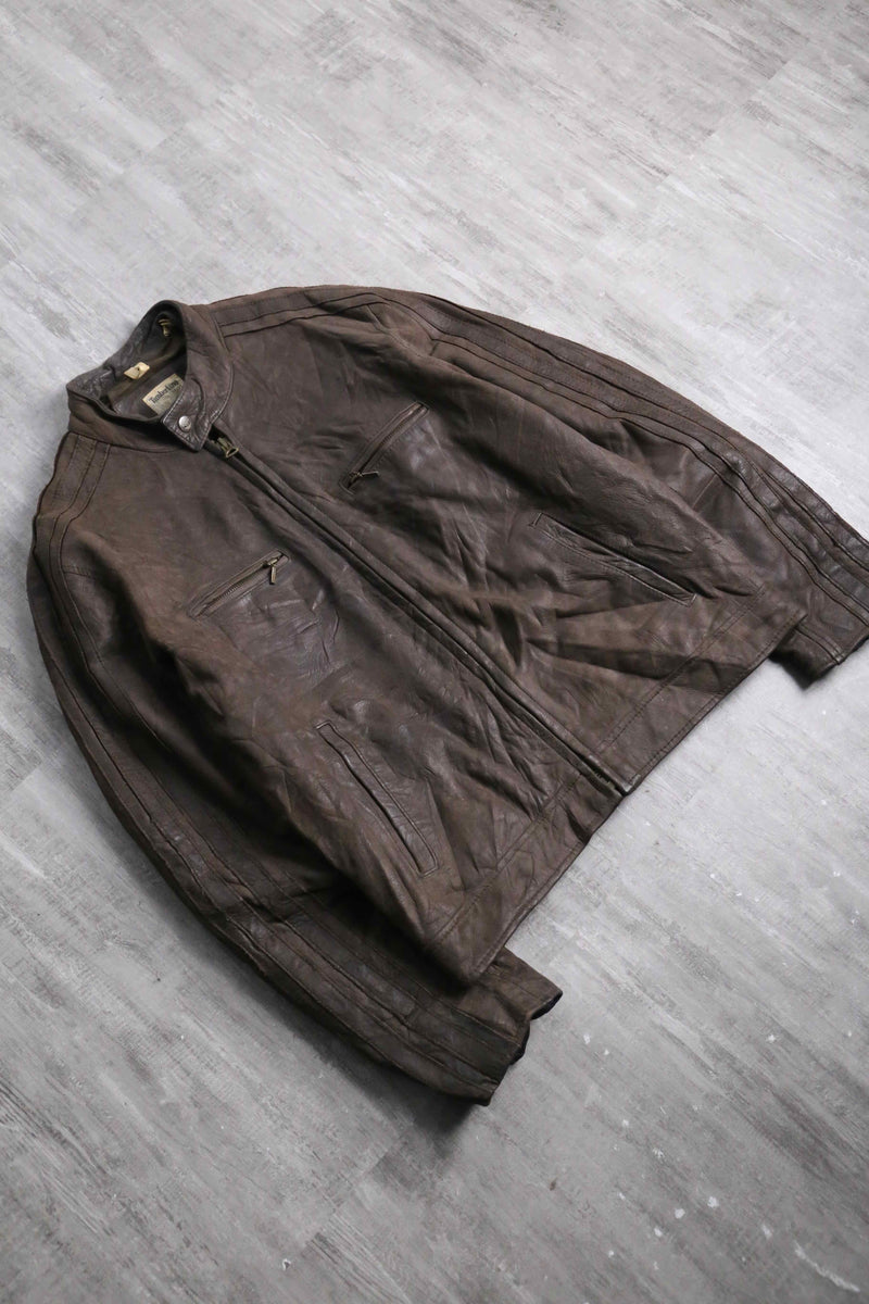 "Timberland" shoulder line brown leather single rider's jacket