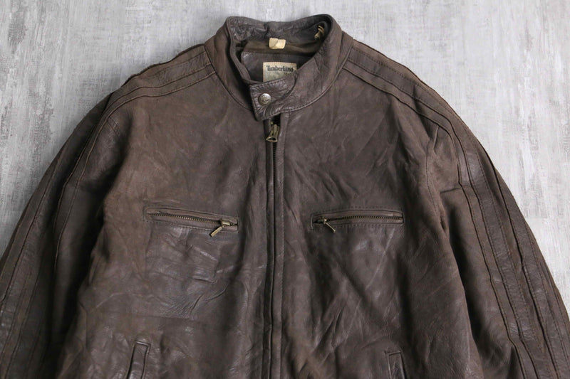 "Timberland" shoulder line brown leather single rider's jacket