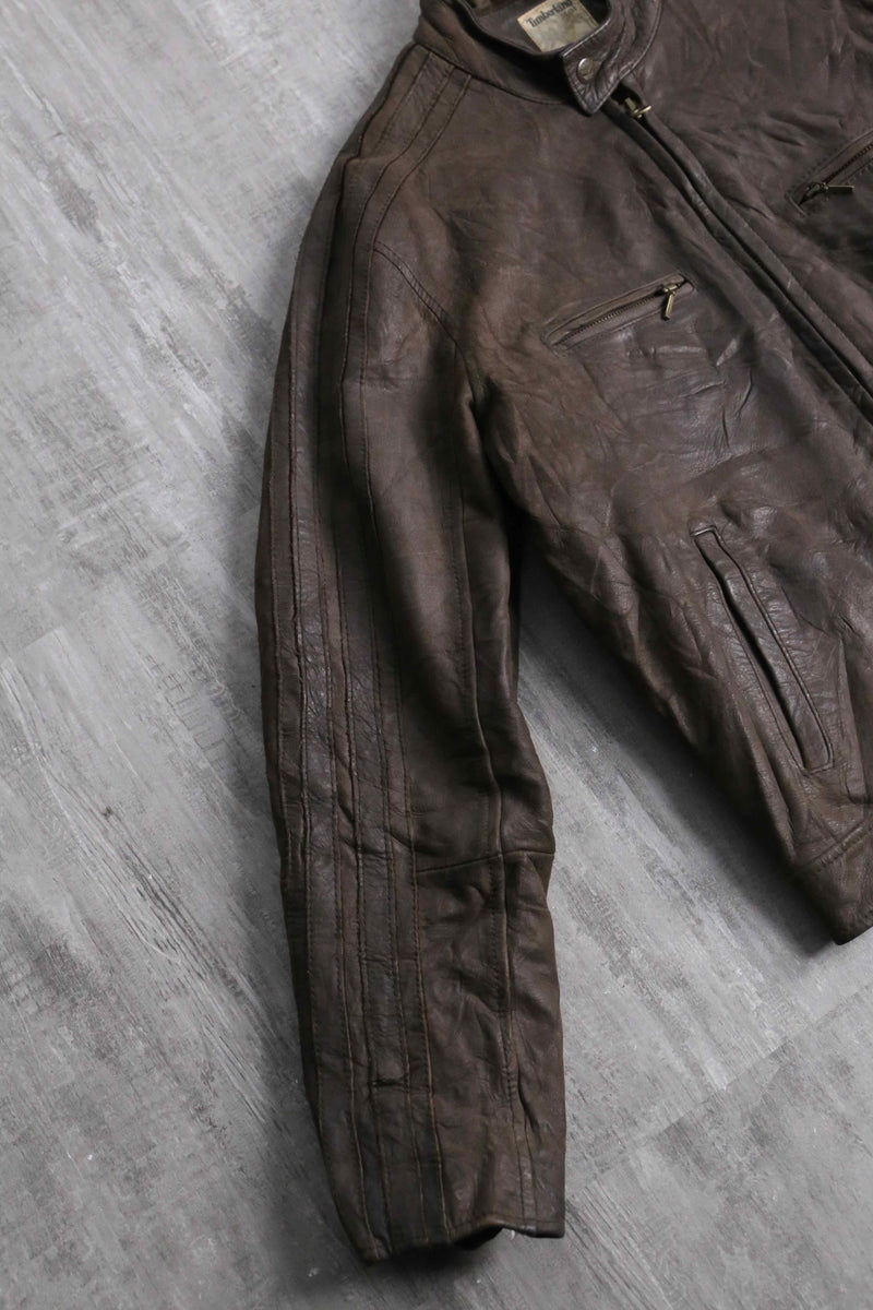"Timberland" shoulder line brown leather single rider's jacket