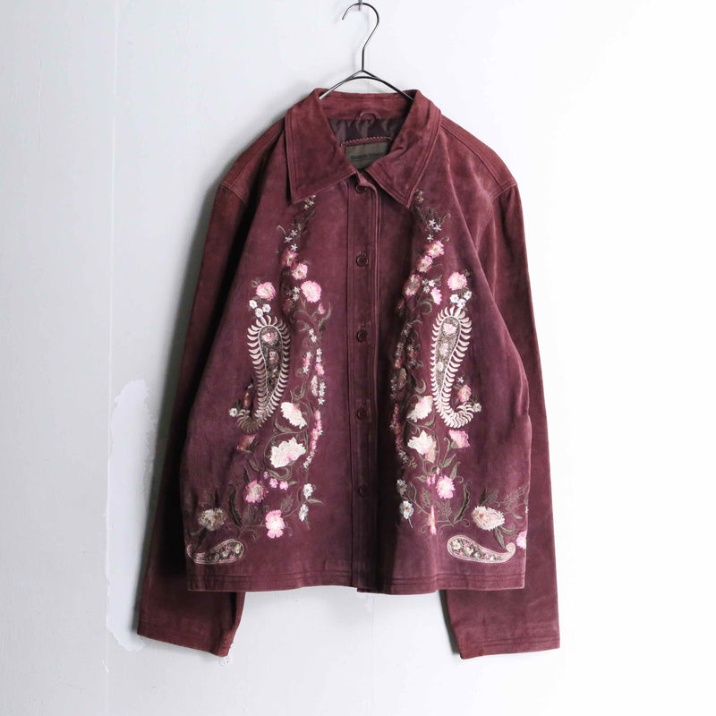 burgundy botanical embroidery suede jacket