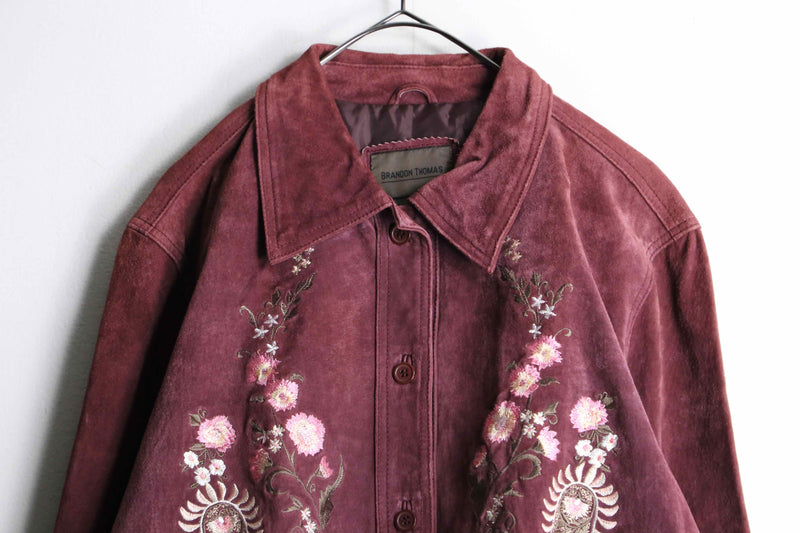 burgundy botanical embroidery suede jacket