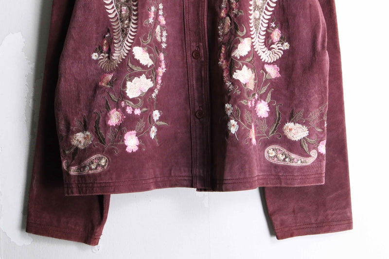 burgundy botanical embroidery suede jacket