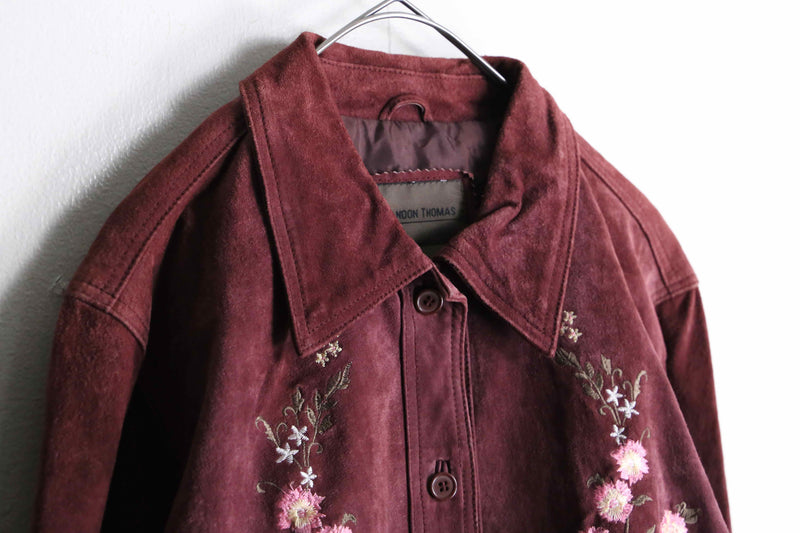 burgundy botanical embroidery suede jacket