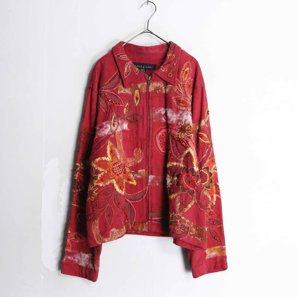 red color full pattern shirt zip jacket