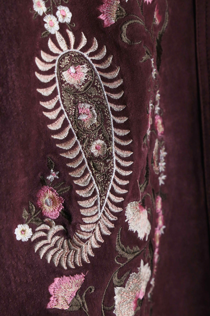 burgundy botanical embroidery suede jacket