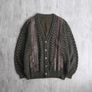 faux leather trim pattern knit cardigan