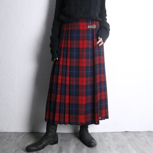 red navy tartan check wool kilt wrap skirt