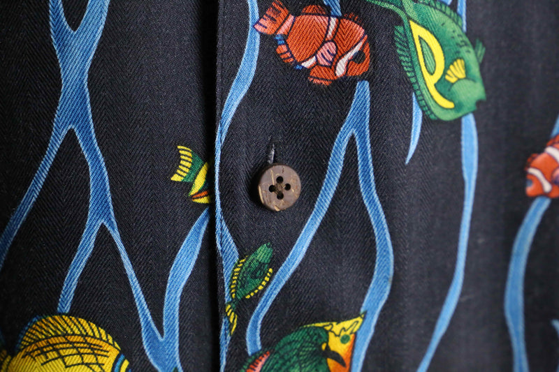fish art pattern open collar S/S shirt