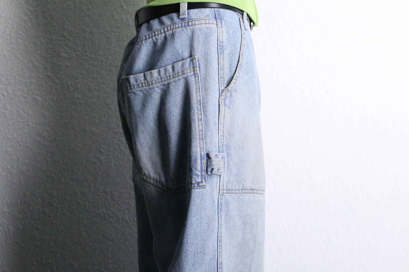light blue wide denim work pants