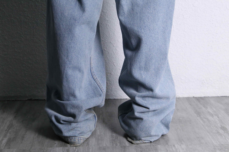 light blue wide denim work pants