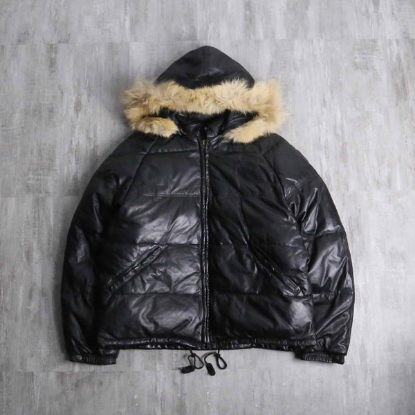 “Houston” detachable fur hood leather down jacket
