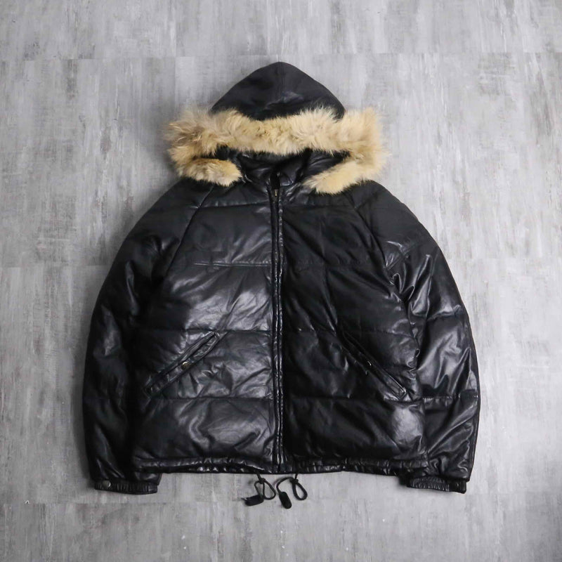 “Houston” detachable fur hood leather down jacket