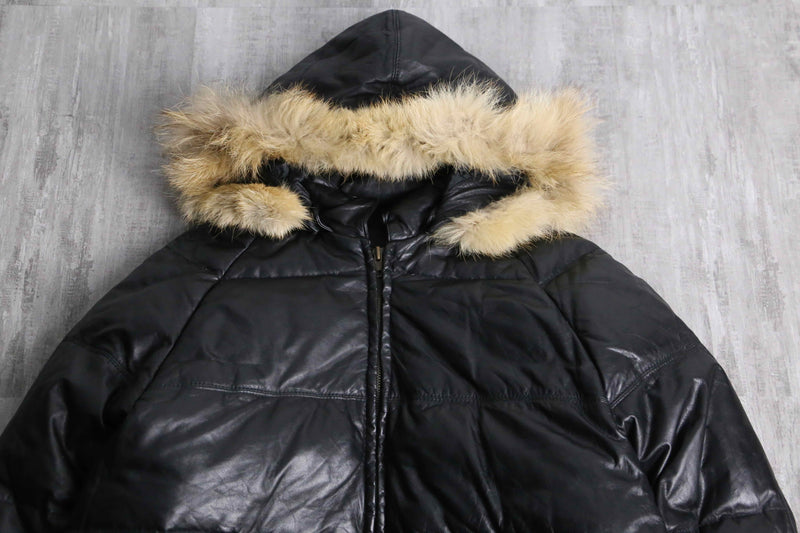 “Houston” detachable fur hood leather down jacket