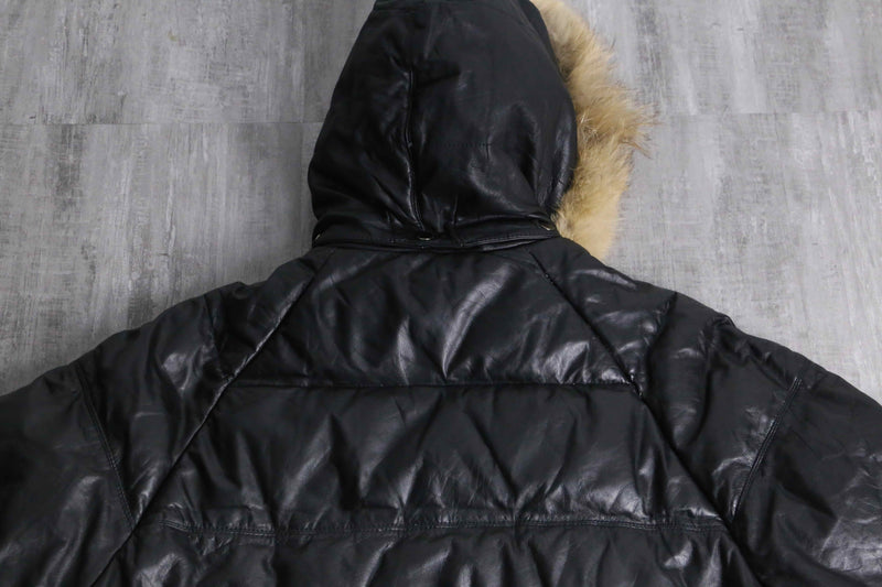 “Houston” detachable fur hood leather down jacket