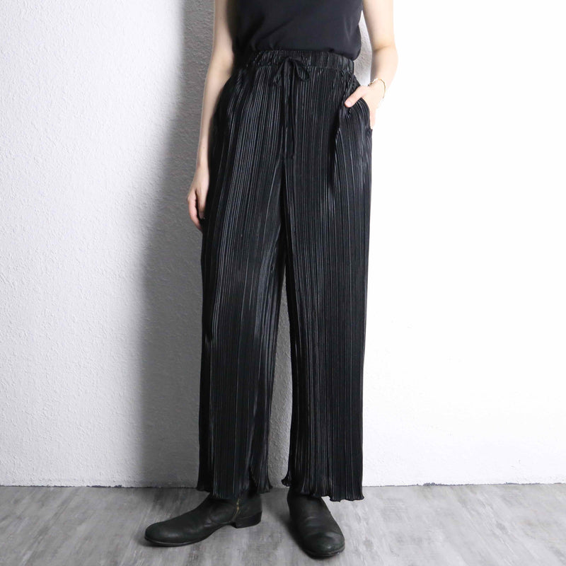 新品未使用　indigosea バンブーフリーパンツ shiny black pleats design easy pants