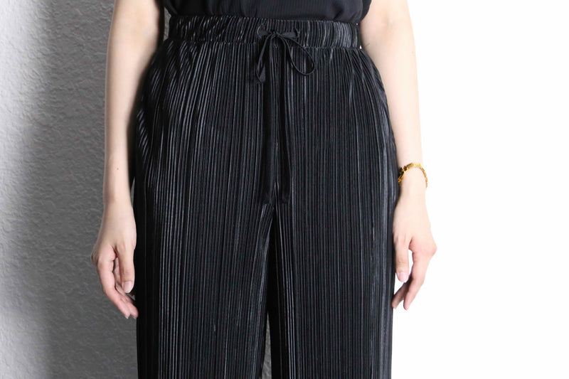 shiny black pleats design easy pants