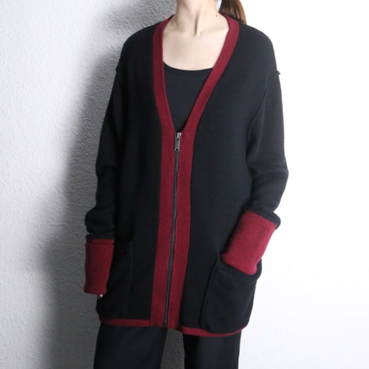 “KARL LAGERFELD” black burgundy zip-up oversized knit cardigan