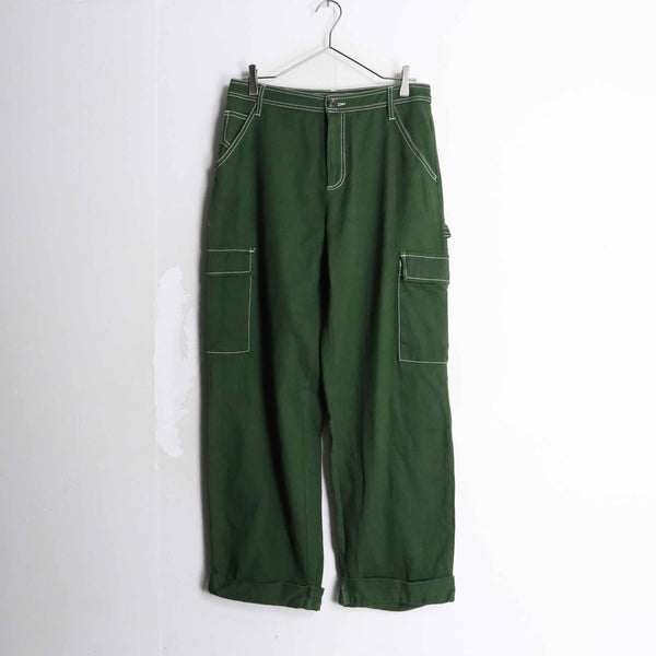 green color stitch design cotton cargo wide pants