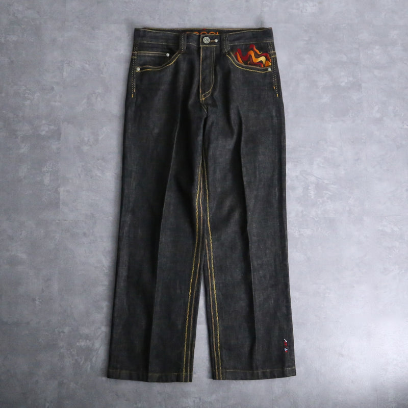 “COOGI” fire embroidery black buggy denim pants